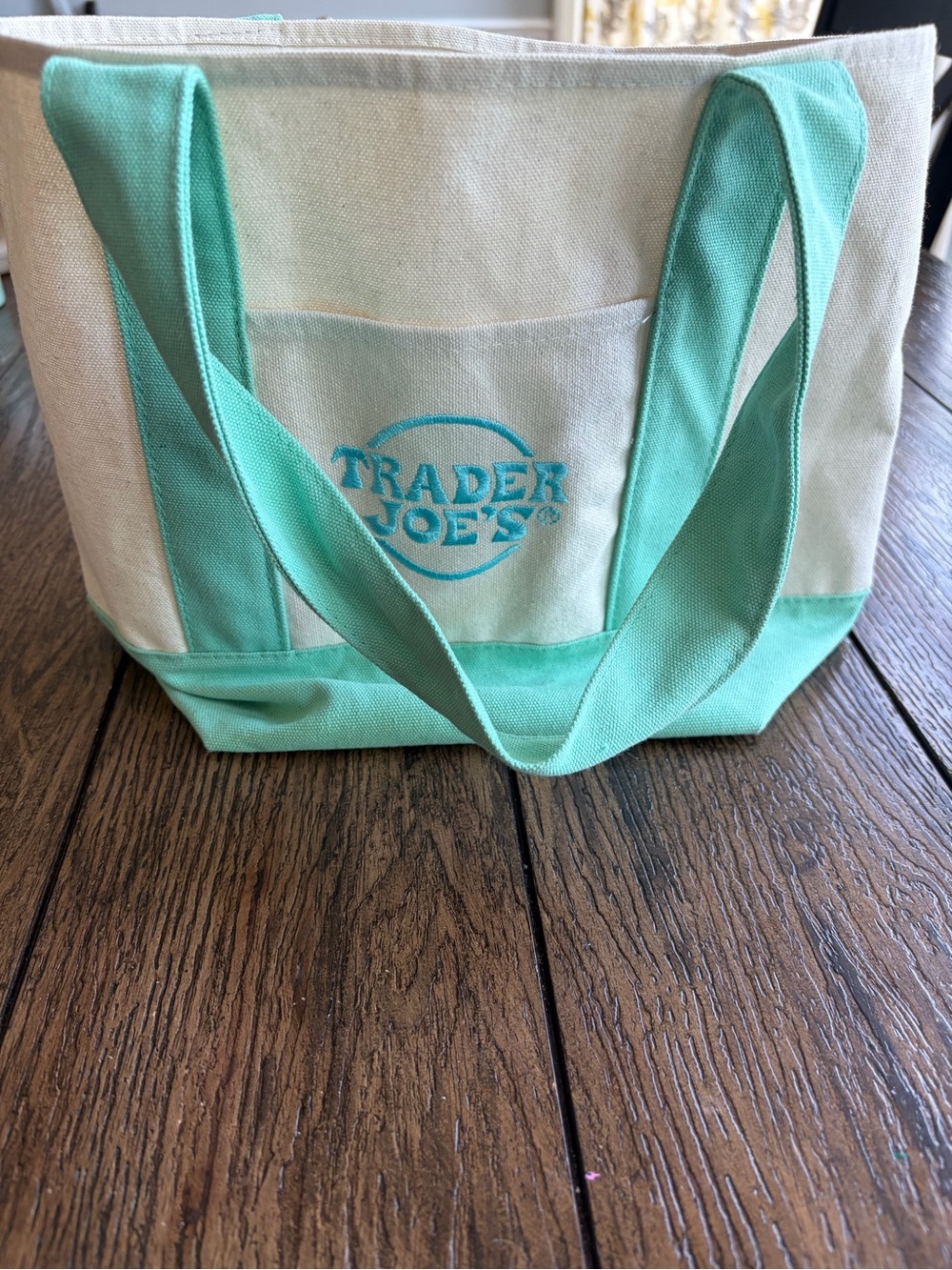 Trader Joe's Mini Canvas Tote in Mint and Cream